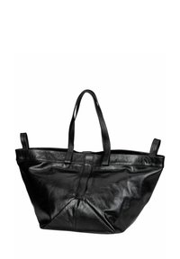 Czarna skórzana torba typu tote z dwoma krótkimi uchwytami, charakteryzująca się usztywnionym kształtem, teksturowaną powierzchnią oraz detalami szewowymi u podstawy.