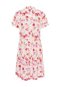 Bloemengeprint jurk met korte mouwen in pastelgeel met rode en roze bloemen. Heeft een ronde halslijn en een geplooide rok.
