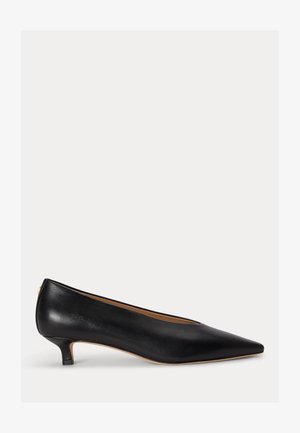 Chaussure en cuir noir à bout pointu avec un petit talon bas et un talon kitten court, finition lisse sur fond uni.