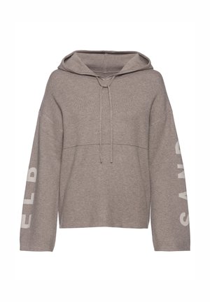 Gray hooded sweatshirt with long sleeves, featuring a drawstring closure and white text along the sleeves. Made from soft, textured fabric.