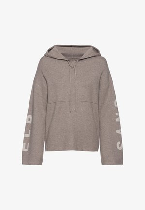 Gray hooded sweatshirt with long sleeves, featuring a drawstring closure and white text along the sleeves. Made from soft, textured fabric.