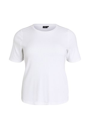 T-shirt blanc à manches courtes, côtelé, col rond avec une petite étiquette noire à l'intérieur du col arrière, présenté sur un fond uni.