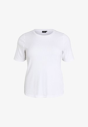 Valkoinen lyhythihainen ribbineulottu T-paita, jossa on pieni musta etiketti kauluksen sisäpuolella takana, esillä yksinkertaisella taustalla.