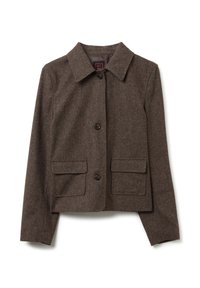 Giacca in misto lana marrone con colletto, tre bottoni neri, maniche lunghe e due tasche frontali a patta, esposta su uno sfondo bianco.