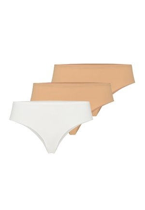 Trois culottes bikini sans couture pour femmes en blanc et deux nuances de beige, disposées en rangée décalée sur un fond blanc.