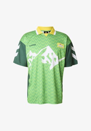 Green short-sleeve shirt with a yellow collar, featuring a white mountain graphic and herringbone pattern; includes black and white stripes on sleeves.