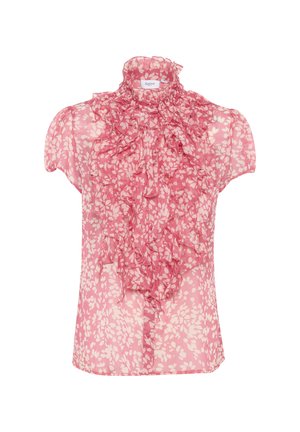 Blusa rosa con un colletto alto arricciato e maniche corte, caratterizzata da un motivo floreale in rosa chiaro, realizzata in un tessuto leggero e trasparente.