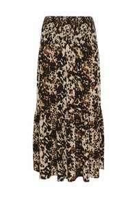 Leopard print skirt with a smocked waist, light-colored background, and black and brown spots; features a tiered design and soft texture.