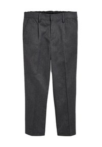 Graue, maßgeschneiderte Hose mit glatter Textur, gefalteter Vorderseite und elastischem Bund. Verfügt über zwei Seitentaschen und einen geraden Beinschnitt.