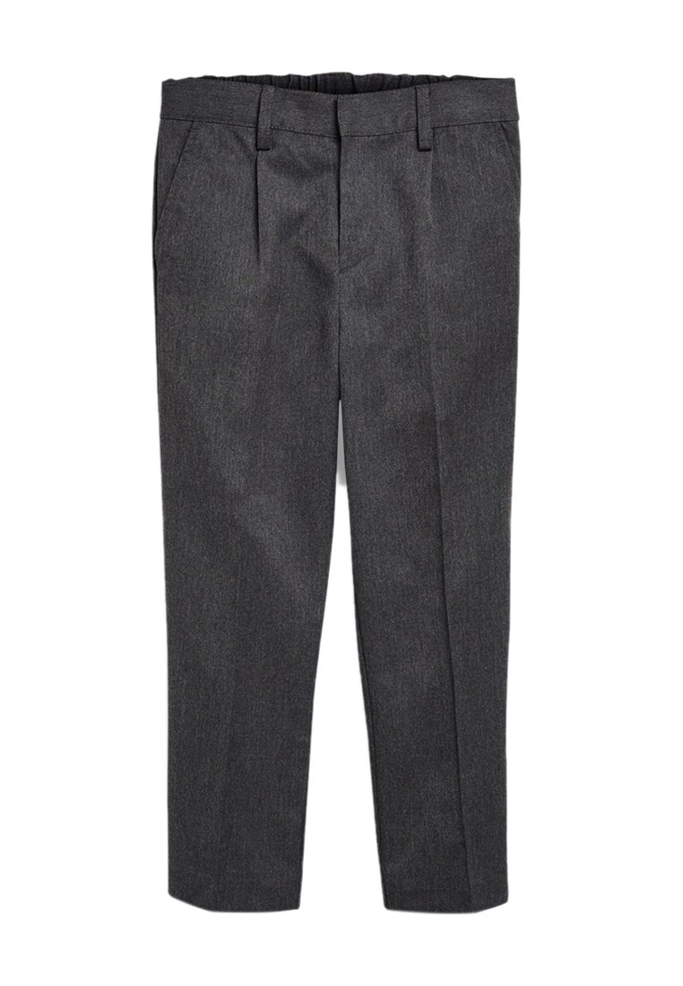 Graue, maßgeschneiderte Hose mit glatter Textur, gefalteter Vorderseite und elastischem Bund. Verfügt über zwei Seitentaschen und einen geraden Beinschnitt.