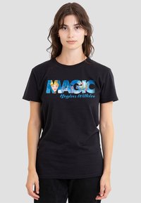 Black cotton t-shirt featuring a front graphic with the text "MAGIC Begins Within" and colorful illustrations, including a character.