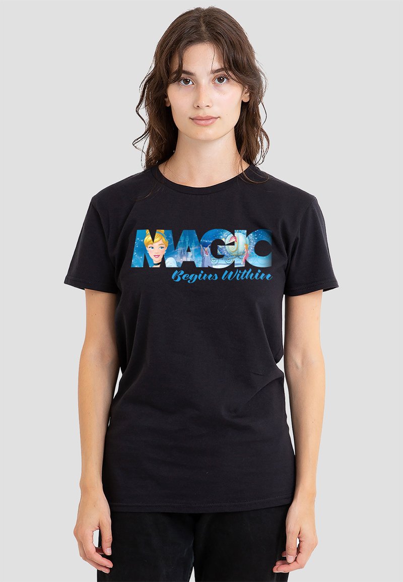 Black cotton t-shirt featuring a front graphic with the text "MAGIC Begins Within" and colorful illustrations, including a character.