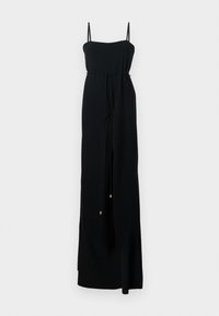 Black maxi dress with spaghetti straps, a fitted bodice, and a flowing skirt. Features a tied waist with two gold accents. Smooth fabric texture.