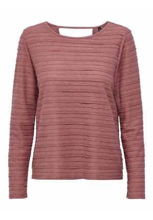 Haut en maille mauve à manches longues avec des rayures horizontales texturées et un large col rond avec une petite découpe à l’arrière.