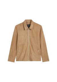 Tan suède jack met kraag, voorritssluiting en twee zijzakken. Gladde textuur en minimalistisch ontwerp, met een focus op strakke lijnen.