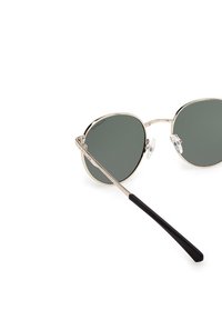 Occhiali da sole rotondi con lenti verde scuro, montatura sottile in metallo argento e punte degli occhiali in plastica nera. Presentano naselli regolabili.