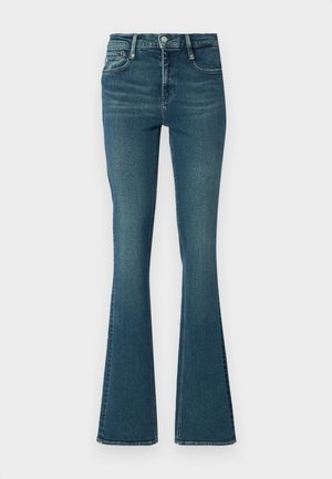 Modre flare jeans iz denima s srednjim pranjem. Imajo visok pas, sprednje žepke in bledelne podrobnosti na nogah.