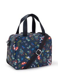 Borsa di stoffa colorata con sfondo blu scuro e motivi di robot e gaming, due manici e una tracolla removibile.