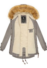 Grey jacket with a fluffy, orange fur hood, lined with cream shearling. Features button closure and adjustable drawstring at the hem.