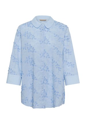 Camicia da donna azzurro chiaro con colletto alla Peter Pan, ricamo floreale, maniche lunghe e chiusura frontale con bottoni.