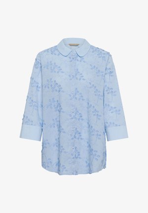 Lichtblauwe damesblouse met een Peter Pan-kraag, bloemenborduursel, lange mouwen en een knoopsluiting aan de voorkant.