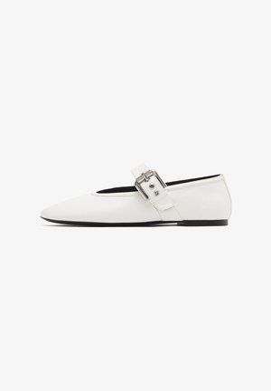 White leather ballet flats with a pointed toe, featuring a side buckle detail, flat sole, and minimal stitching accents.