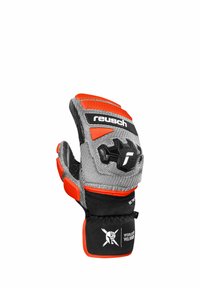 Graue Torwarthandschuhe mit orangefarbenen Akzenten, strukturierte Oberfläche, atmungsaktives Mesh, flexibles Fingerdesign und Riemen für einen sicheren Sitz.