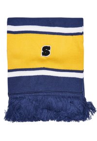 Eșarfă tricotată cu dungi albastre, galbene și albe, având un "S" negru brodat și ciucuri navy la capete. Textură moale.