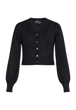 Schwarze, verkürzte Strickjacke mit langen Puffärmeln, V-Ausschnitt und fünf metallischen Knöpfen an der Vorderseite. Weicher Stoff und gerippte Bündchen.