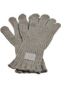 Mănuși gri din tricot cu manșetă cu cinci degete, având un etichetă pe încheietură cu numele brandului. Textură moale, design casual.