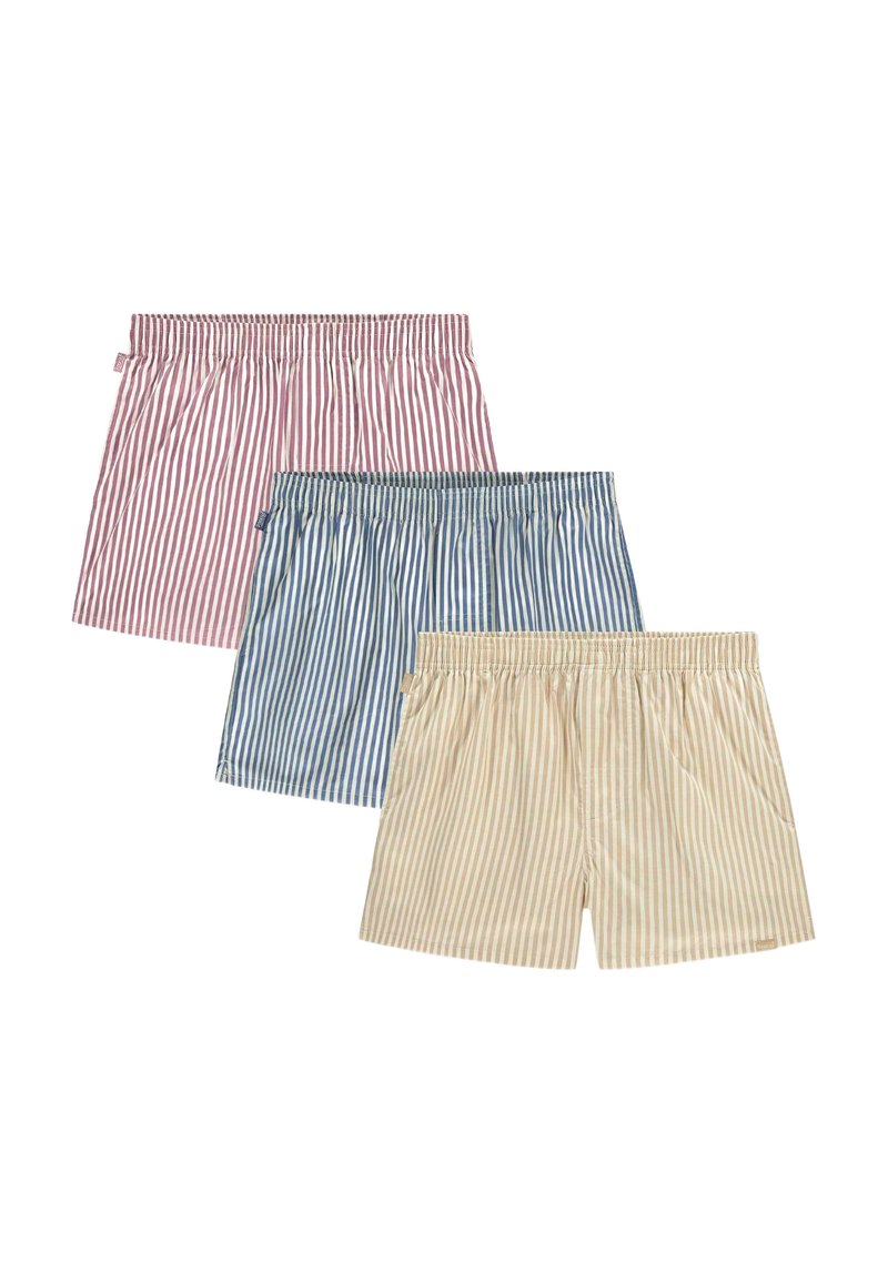 Dryžuoti bokseriai raudonos, mėlynos ir bežinės spalvų. Yra elastinga juosmens juosta, kvėpuojantis medvilnės audinys ir vertikalios smulkios linijos įvairiomis spalvomis.