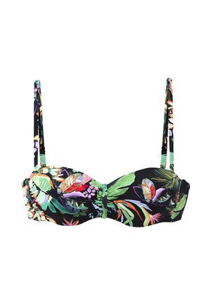 Schwarzes Bikinioberteil mit dünnen, verstellbaren Trägern und buntem tropischem Blatt- und Blumenmuster.