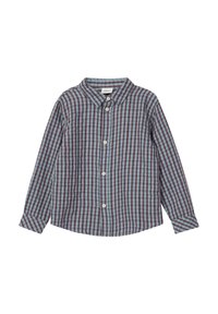 Overhemd met knopen in een blauw en bordeaux geruit patroon, lange mouwen, met kraagontwerp, gemaakt van zachte stof, vijf knopen aan de voorkant.