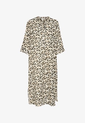 Leopard print dress in beige and black. Features a collared neckline, short sleeves, and a relaxed silhouette with side slits.