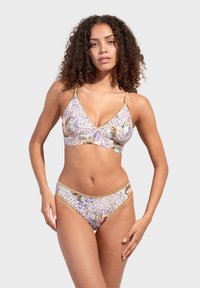 Bikini set featuring a triangle bralette and high-waisted bottoms in a light purple leopard print with gold accents and vibrant floral details.