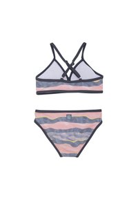 Twee-delige bikini met een meerkleurig golfpatroon in roze, blauw en geel, met verstelbare kruisbandjes en een elastische tailleband.