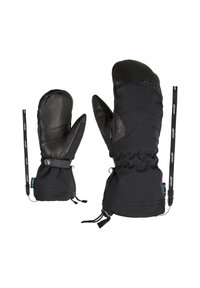 Schwarze Handschuhe mit einem Obermaterial aus Leder und einem unteren Teil aus Stoff, mit elastischen Handgelenkabschlüssen, verstellbaren Verschlüssen und angebauten Sicherheitsgurten.