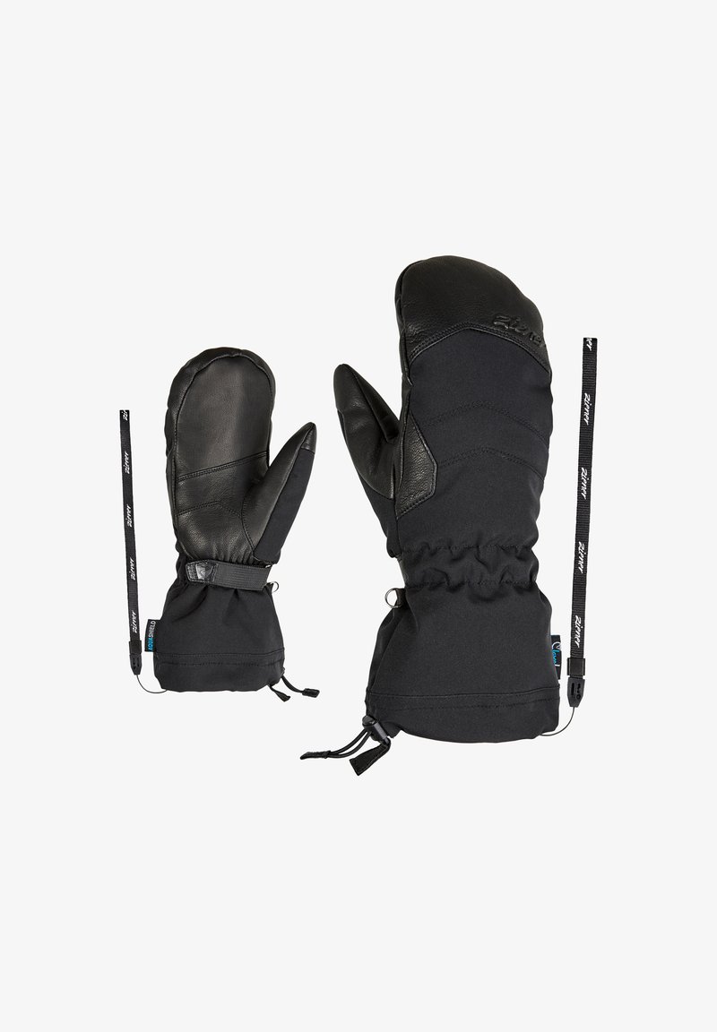 Schwarze Handschuhe mit einem Obermaterial aus Leder und einem unteren Teil aus Stoff, mit elastischen Handgelenkabschlüssen, verstellbaren Verschlüssen und angebauten Sicherheitsgurten.