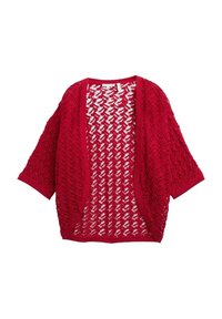 Rode opengewerkte cardigan met een losse pasvorm, korte mouwen, een gestructureerd patroon en een geribde halslijn zonder sluitingen.