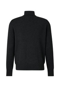 Mørkegrå strikket pullover med rund hals og lange ærmer. Stoffet virker blødt med en glat tekstur og en ribbet kant.