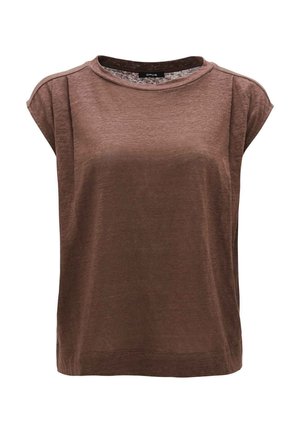 Brown short-sleeve top, round neckline, relaxed fit, made from lightweight material, with side seams and no visible embellishments.