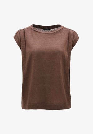 Brown short-sleeve top, round neckline, relaxed fit, made from lightweight material, with side seams and no visible embellishments.