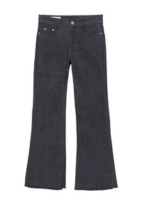 Blugi din denim închis, cu tiv desfăcut, croială evazată, design cu cinci buzunare, cusături asortate și un nasture metalic la talie.