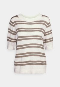 Gestreiftes kurzärmliges Oberteil in hellem Beige mit dunkelbraunen Streifen, mit einem runden Ausschnitt und weicher Textur. Lockere Passform mit einem Saum, der auf der Taille endet.