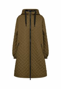 Quilted parka in olive green, featuring a hood, black zipper closure, and side pockets. The fabric has a textured, woven pattern.