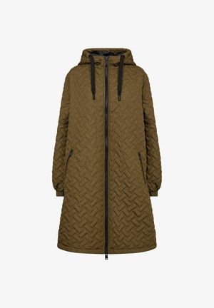 Parka trapuntata in verde oliva, con cappuccio, chiusura con zip nera e tasche laterali. Il tessuto presenta un motivo intrecciato a trama.