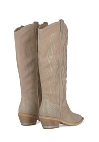 Botas vaqueras de ante beige con costuras decorativas y detalles de piedras brillantes, con un tacón corto apilado y diseño de punta.