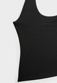 Black tank top with a scoop neckline, fitted shape, ribbed texture, and clean edges. Made from elastic material for comfort and flexibility.