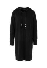 Schwarzes Kapuzenkleid mit langen Ärmeln, gerippten Bündchen und strukturiertem Strick. Mit weißen Kordelzügen an der Kapuze.