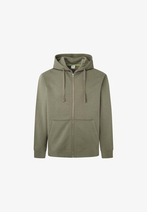 Oliiviroheline lukuga kapuutsiga pusa, kahe eesmine tasku ja soonikkoes varrukad. Pehme kangas lihtsa disainiga ja väike logo detail.